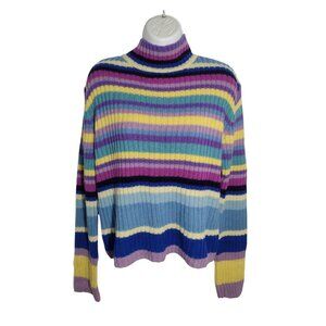 Vintage DCC Wool Blend Turtleneck Sweater Size L Ribbed Retro Colorful Stripes
